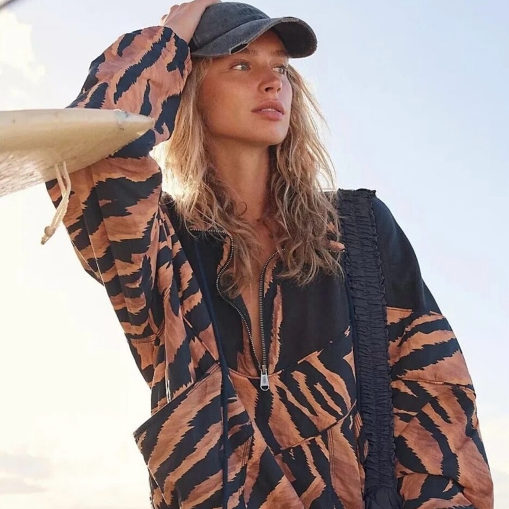 💖Free People FP Movement Walk The Line Fleece Jacket Tiger Pullover Boho Large💖